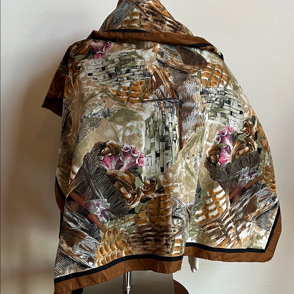 Scarf with mushroom and basket cottage theme Brown and Cream Tones square